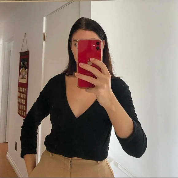 Black, Ribbed wrap top - Picture 1 of 3